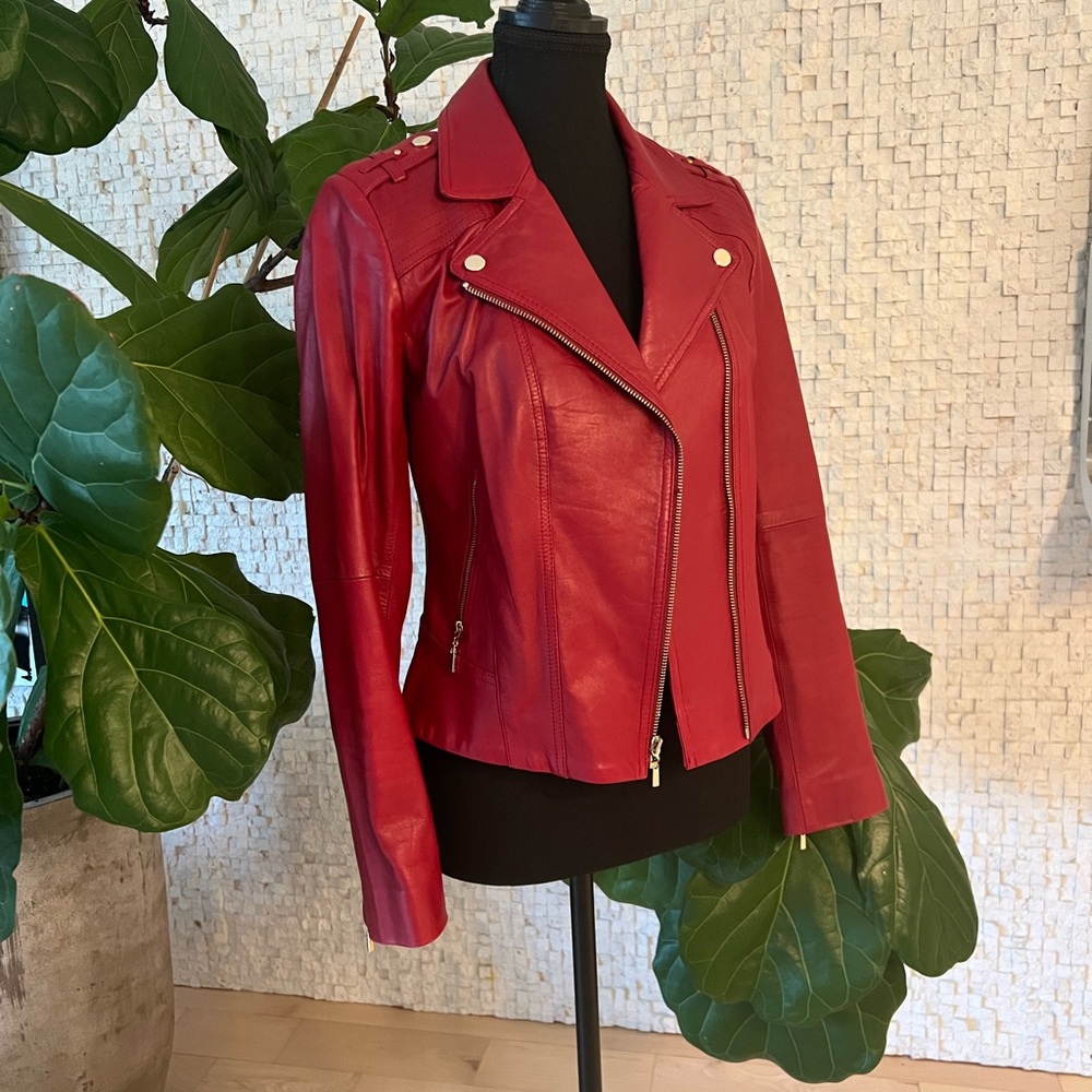 Bold Red Leather Motorcycle Jacket - XS